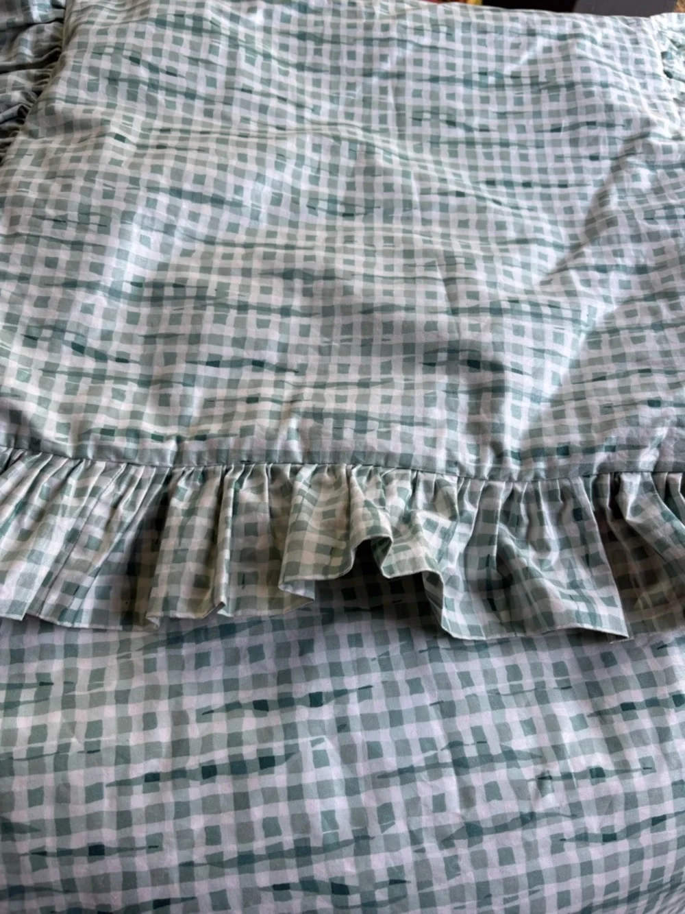 Sage Green & White Gingham Check Cotton Ruffle King Size ♥️ Set of 2 Pillowshams